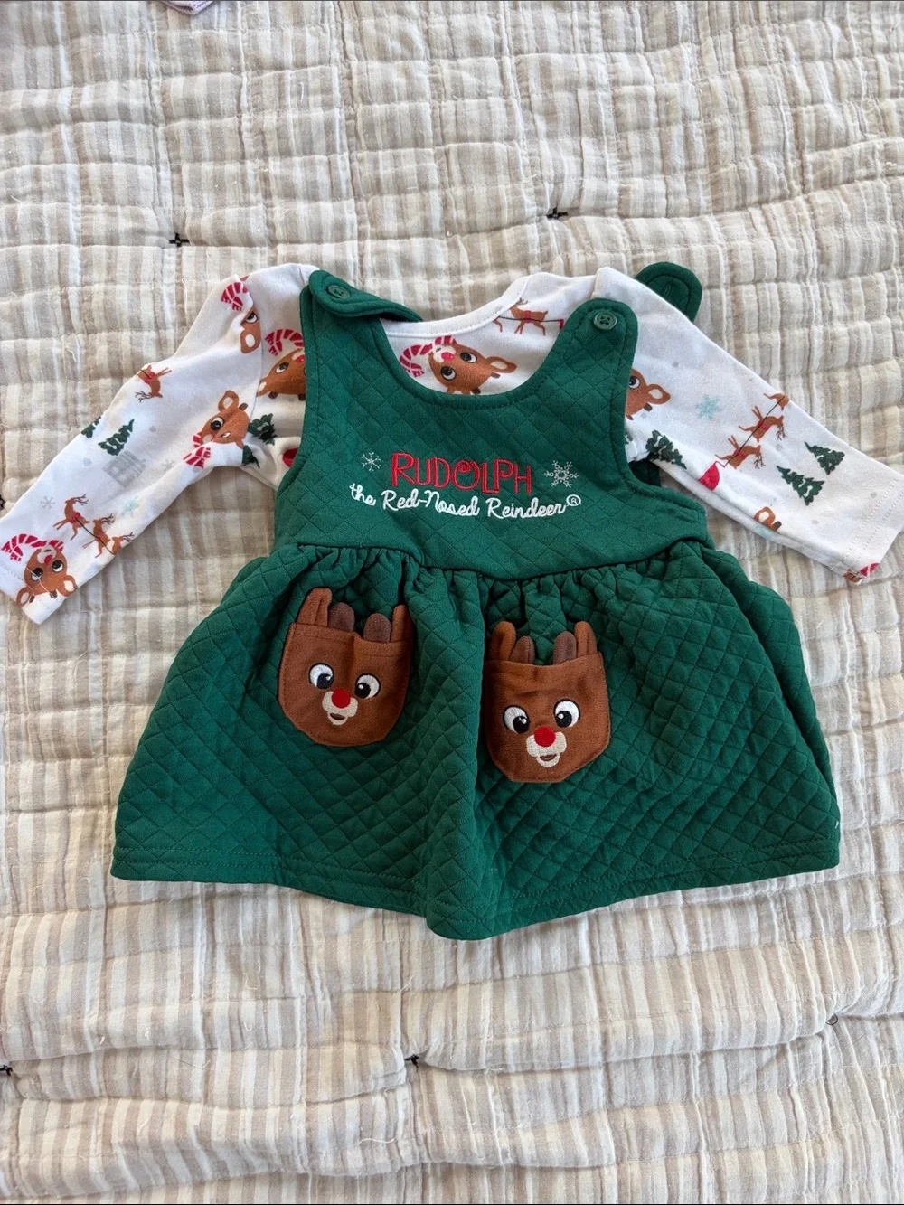 Carter's Green Quilted Rudolph Pinafore Dress with Brown Reindeer Pockets